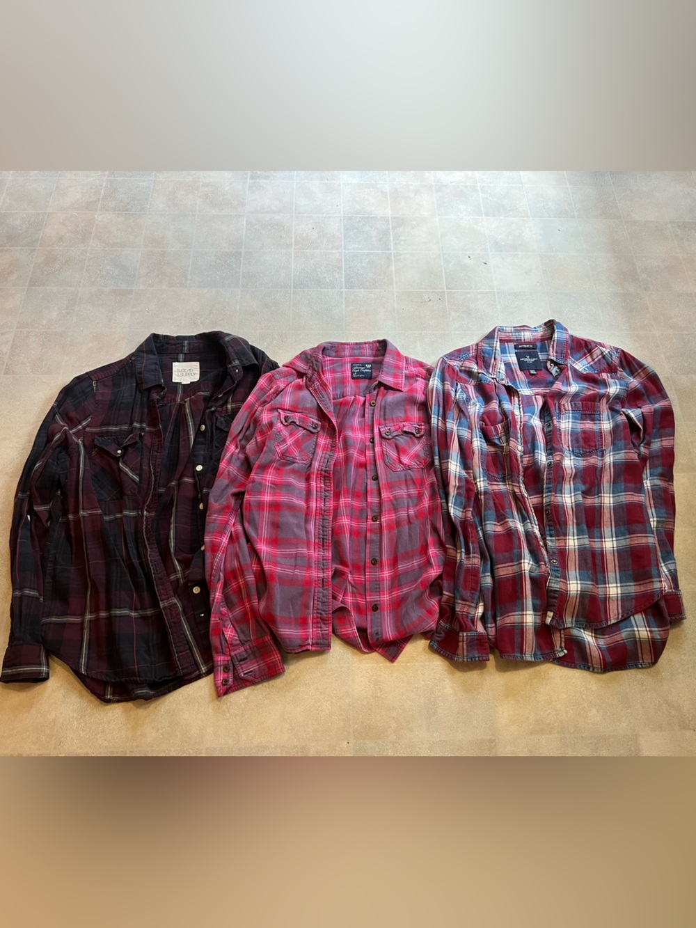 Womens Plaid Button-Down Shirt Trio in Red and Black Tones